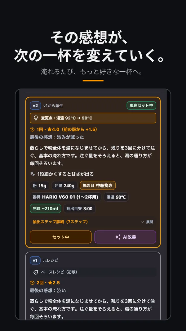 Recipe versions side by side, with what changed